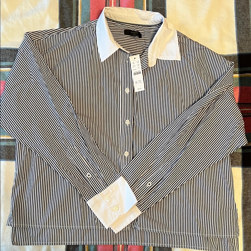 J. Crew Women's Black and White Striped Cropped Button Down Shirt